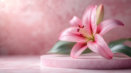 A single pink lily flower on a light pink marble platform exudes elegance in luxury cosmetic display style with delicate shadows and natural lighting.