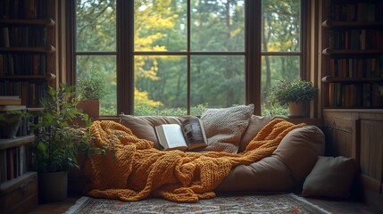 Cozy Reading Nook Near Window With Book And Blanket