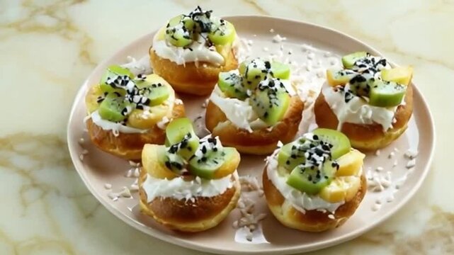 Tropical cronuts with passionfruit glaze, kiwi, and shredded coconut, set against a pale beige marble background with vibrant green and yellow tones