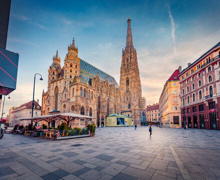 Vienna, Austria - October 20, 2024: Famous iconic Stephan Cathedral at sunrise. Colorful autumn cityscape of Vienna, Austria.