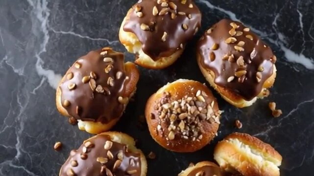 Nutty chocolate cronuts with hazelnut glaze and crushed nuts, set against a charcoal marble background with rich textures and a dark mood