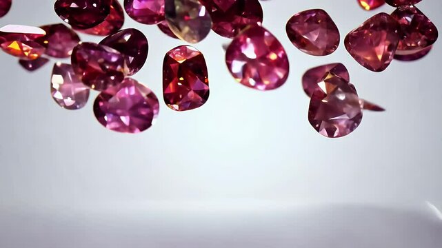 Stunning animation vibrant red garnet crystals cascading slow motion creating video of visual effect intricate lighting transparency