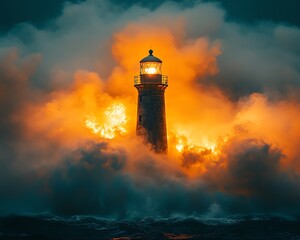 A lone lighthouse stands tall amidst a stormy sea, its beacon piercing through the thick fog and churning waves. © detiyy