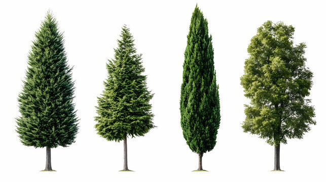 Set of chamaecyparis lawsonifrontal (port orford cedar, lawson cypress) large trees isolated png on a transparent background perfectly cutout. Evergreen. Illustration