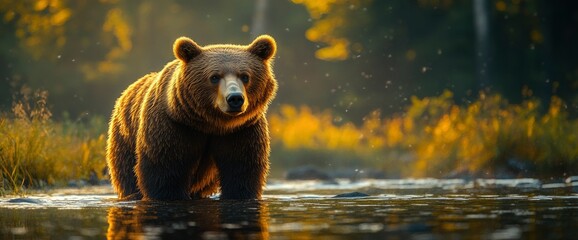 Majestic Brown Bear in Golden Hour Sunlight by a Tranquil Stream