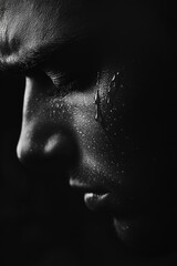Man's face is wet with tears, and his eyes are closed. Concept of sadness and despair