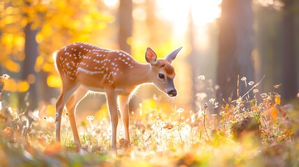 Fototapeta premium A young white-tailed deer fawn stands in a sunlit autumn forest, surrounded by golden foliage.