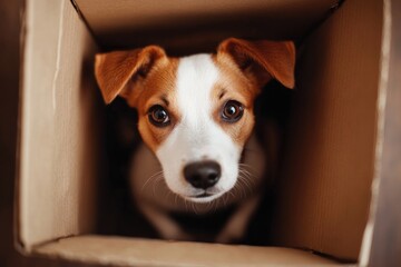 Adorable puppy peeking from inside a shipping box.