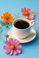 A comforting coffee cup on a table, accompanied by cheerful pink flowers.