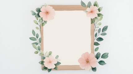 Fototapeta premium Garden Party Invitation With Watercolor Floral Design Featuring Pink Flowers and Green Leaves On Wooden Frame