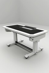 Sleek, minimalist gambling dealer table.  Clean design, spacious layout, featuring a black playing surface and white frame.  Minimalist chip placement.  Perfect for high-stakes games.