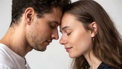 Obraz premium Intimate moment of a couple touching foreheads with closed eyes, showcasing love and connection