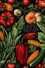 Obraz premium This image features an artistic representation of a fruit and vegetable harvest. The pattern includes vivid depictions of tomatoes, corn, blueberries, grapes, pumpkins, and other produce.