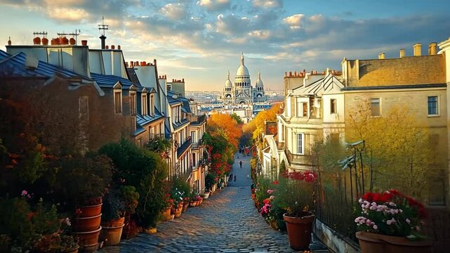 This picturesque lane in Paris adorned with colorful flowers and a view of Sacre-Coeur.