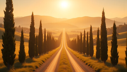 Tuscan Sunset: Cypress Trees & Country Road - Golden Hour Photography