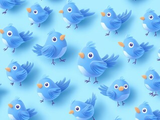 Blue bird with a yellow beak and yellow eyes. The bird is standing on a blue background