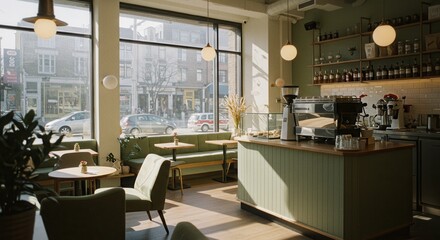Fototapeta premium Cozy urban cafe with modern interior design and natural light