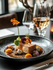 Upscale dining experience with gourmet food, fine table setting, and a creative presentation on the plate.