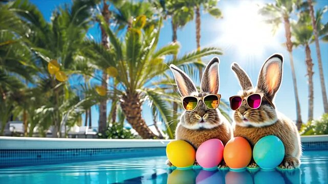 Two Easter bunnies wearing sunglasses sitting by a swimming pool with colorful Easter eggs and palm trees in the background.
