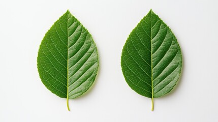 Fototapeta premium Flat lay of two green leaves on white background nature top view