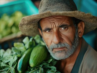 Man at a market selling fresh vegetables with a focus on sustainable agriculture and local food systems.