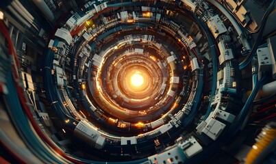 Obraz premium Abstract swirling technological tunnel with bright light at the end.