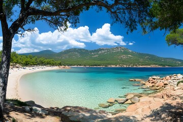 Obraz premium Serene Tropical Beach with Clear Waters and Lush Greenery Under a Bright Blue Sky, Perfect for Relaxation and Scenic Views in a Picturesque Landscape