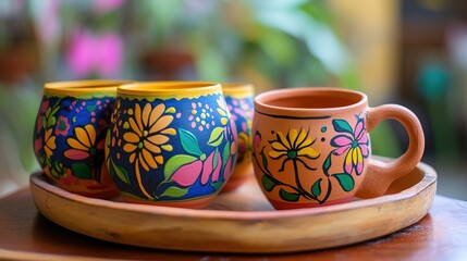 Beautifully painted clay cups arranged on a tray, showcasing vibrant colors and intricate designs. The delicate craftsmanship of each cup highlights traditional art and cultural heritage,