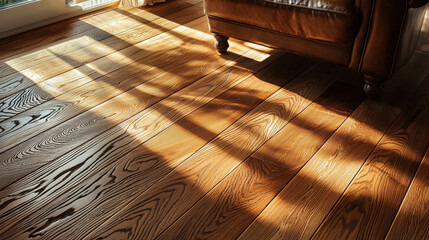 Interlocking Hardwood Floor Planks with Warm Light and Shadows in Living Room