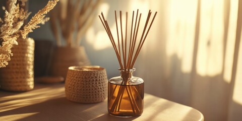 Fototapeta premium A serene setting featuring a reed diffuser with essential oils, set on a table in sunlit room. Indicative of tranquil and soothing atmosphere.