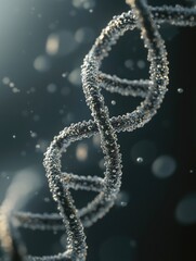 Close-up of double helix DNA model with sparkling particles in the background.