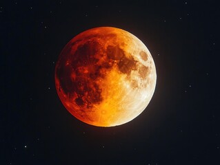 Red and yellow moon in the night sky. The moon is surrounded by stars. Concept of wonder and awe at the beauty of the universe