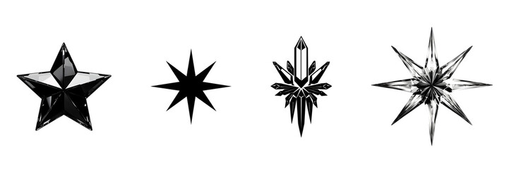 Obraz premium Four distinct star shapes in black and crystal styles against a white background.