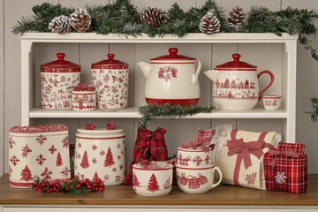 White ceramic Christmas-themed teapots and canisters with red trim, decorated with snowflake and tree designs, displayed on a white shelf with green garlands.