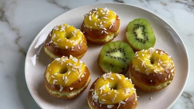 Berry mint cronuts with strawberry glaze, mint leaves, and glitter, arranged in a circular pattern on white marble with vibrant pink and green tones