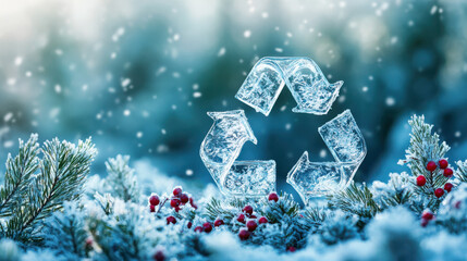A high-definition stock photo of a recycle symbol made from icy shards and fallen winter berries, set against a backdrop of snow-dusted evergreens. The colors shift between icy blues, emerald greens