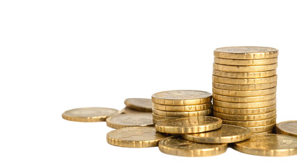 A towering stack of gleaming gold coins symbolizes wealth and financial prosperity