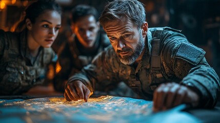 Military Team Studying Illuminated Map Strategy