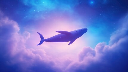 Fototapeta premium Surreal Scene of Whale Floating Among Clouds in Night Sky with Dreamy Atmosphere and Magical Starry Background for Imaginative Designs and Conceptual Art