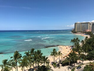 Aerial View of Waikiki Beach and Clear Turquoise Waters in Honolulu, Oahu, Hawaii
