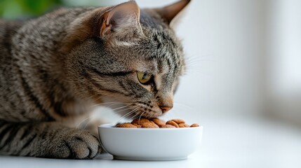 Cat eating from a bowl of food.
