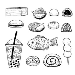 Traditional asian desserts, dango, taiyaki, mochi and bubble tea in black and white style. Ink hand-drawn illustration.
