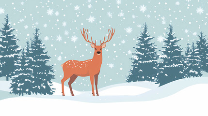 A serene winter scene featuring a majestic deer in a snowy forest, surrounded by evergreen trees and gentle snowfall. Evergreen. Illustration
