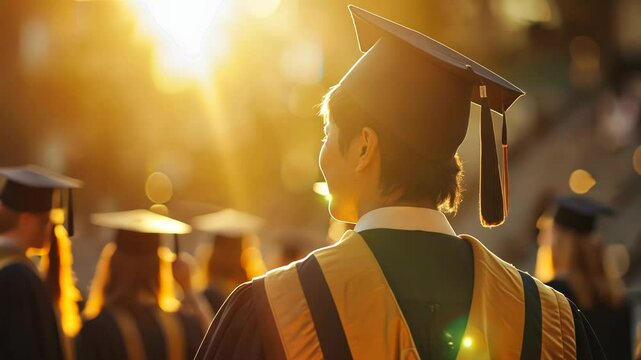 Video portrait taken from behind of an asian boy at his college graduation ceremony. happiness, success, mortarboard, certificate, campus, people, diploma, event, headshot, learning, student, youth