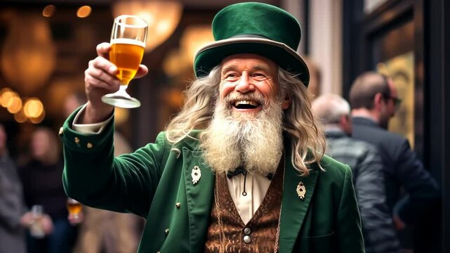 Video portrait of a 60-year-old man with a beard and long gray hair celebrating St. Patrick's Day in a bar with a glass of beer in his hand.	Slow motion. 4k, animation, hd resolution. Movement.
