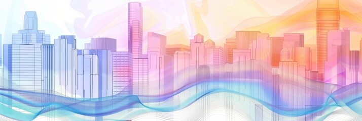 Connecting Smart City and Abstract Elements with Gradient Lines and Intricate Wave Lines in the Concept of Big Data Connection Technology