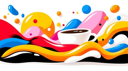 Abstract colorful liquid wave design with coffee cup.