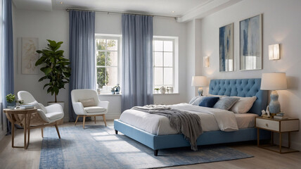 Stylish pastel blue bedroom with bed blanket pillow expansive window plush rug and luxurious high end modern decor