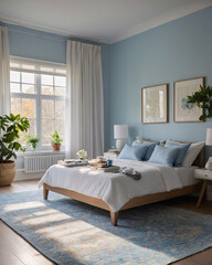 Bright pastel blue themed bedroom with bed pillow blanket large window designer rug and elegant high end decor elements