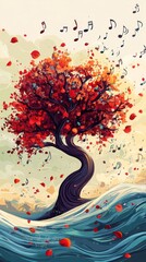 Enchanting autumnal tree with a vibrant swirling flow of musical notes creating a captivating and emotive landscape that evokes a sense of creativity harmony and transcendent beauty